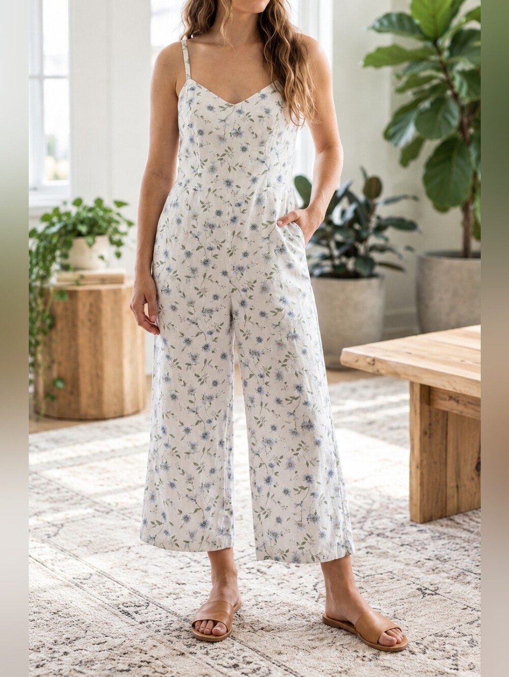 Old Navy Linen Floral Jumpsuit Size L White Blue Romper EUC